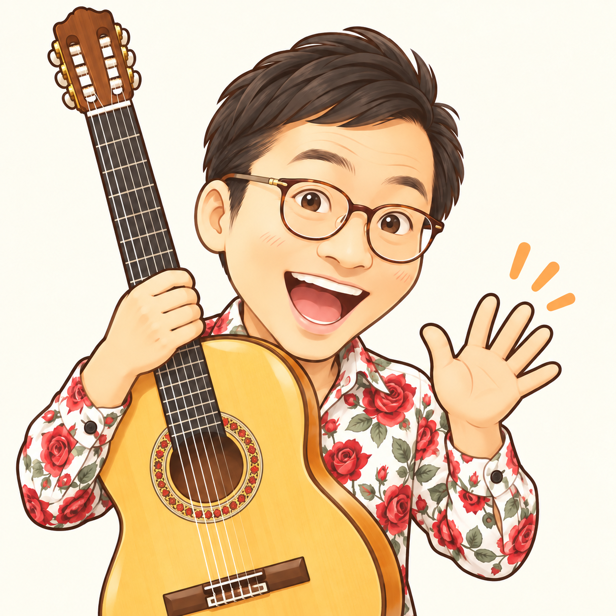 ギターを持って笑顔で案内する池川トシ